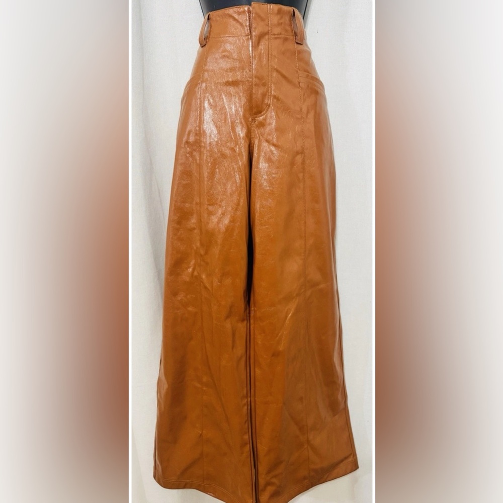Free People Tan Faux Leather Wide Leg Pants Size 8 - Picture 8 of 16